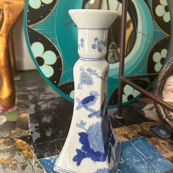 Vintage Chinoiserie Blue And White Candlestick Holder 9" - Picture 13 of 16